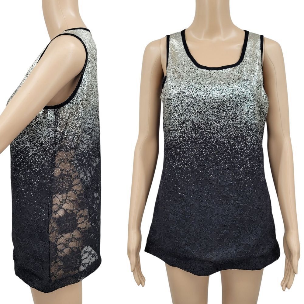 Berek Elegant Black and Metallic Silver Women's Tank Top See Through Lace